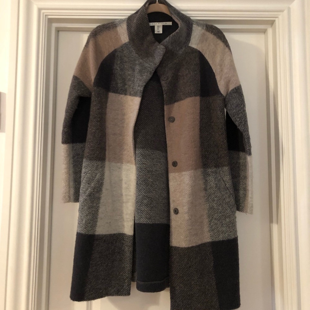 Max Studio Neutral Plaid Button Down Coat